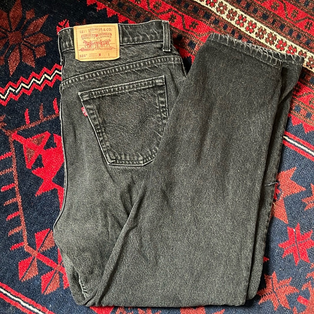 Vintage Black Levis 521 Jeans Tapered Leg Denim No Stretch High Waisted Rise 90s